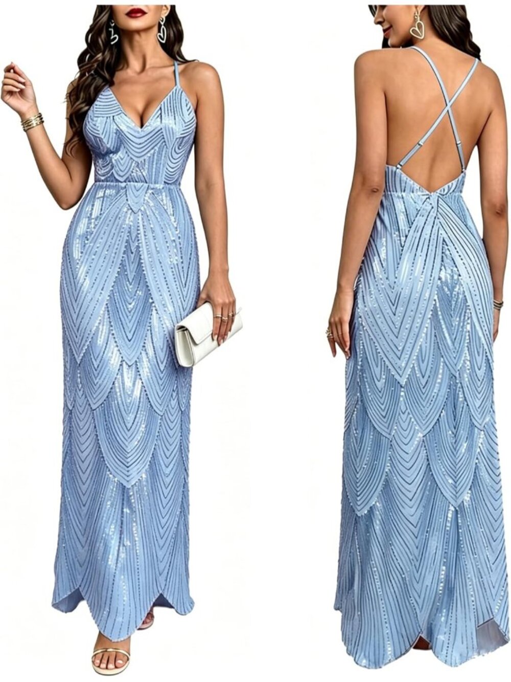 Women's Light Blue V Neck Spaghetti Straps Sparkly Glitter Backless Maxi Dress